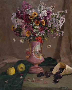 «Натюрморт. Квіти в рожевій вазі з яблуками та сливами», 1950-ті