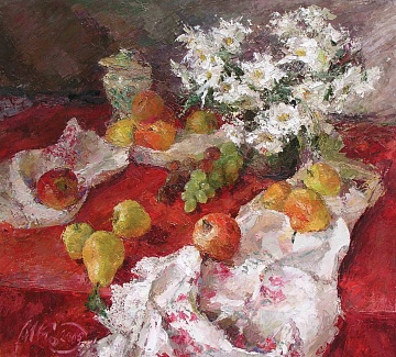 "Яблука та груші на червоному", 2005